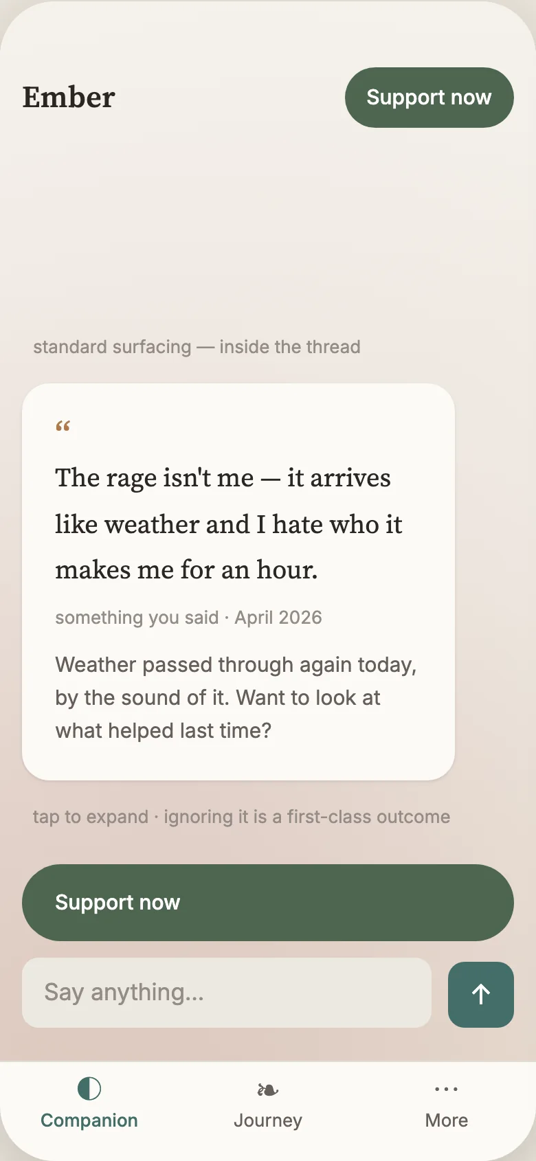 An inline memory card quoting something you said earlier, dated, with a gentle observation and no call to action