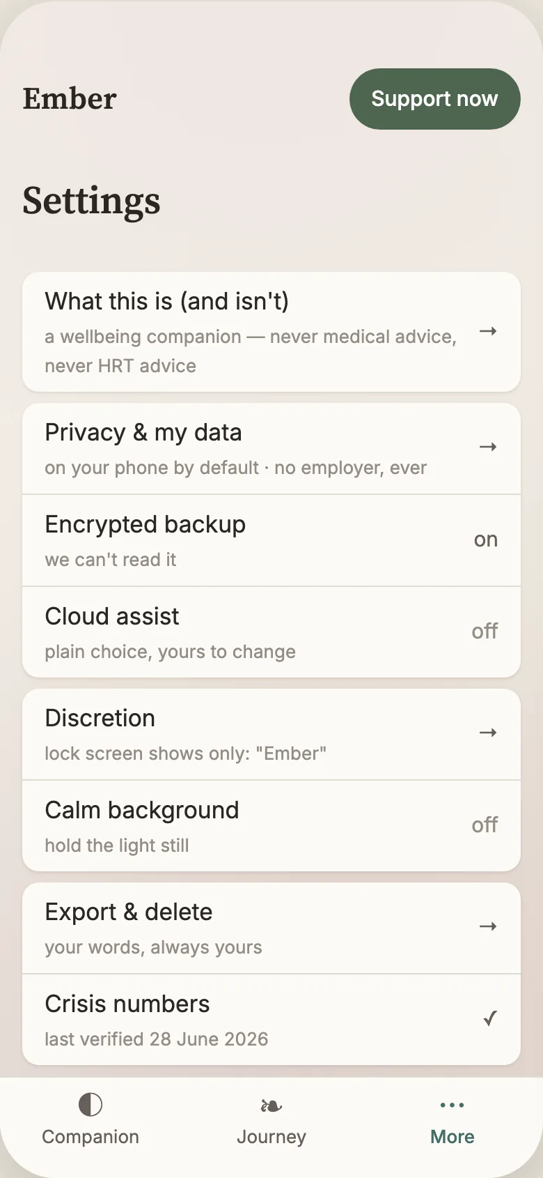 Privacy settings stating plainly: on-device, encrypted under your key, nothing sold